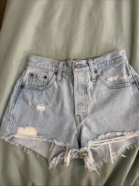 LEVIS Frayed Light Blue Denim High-Rise Jean Shorts